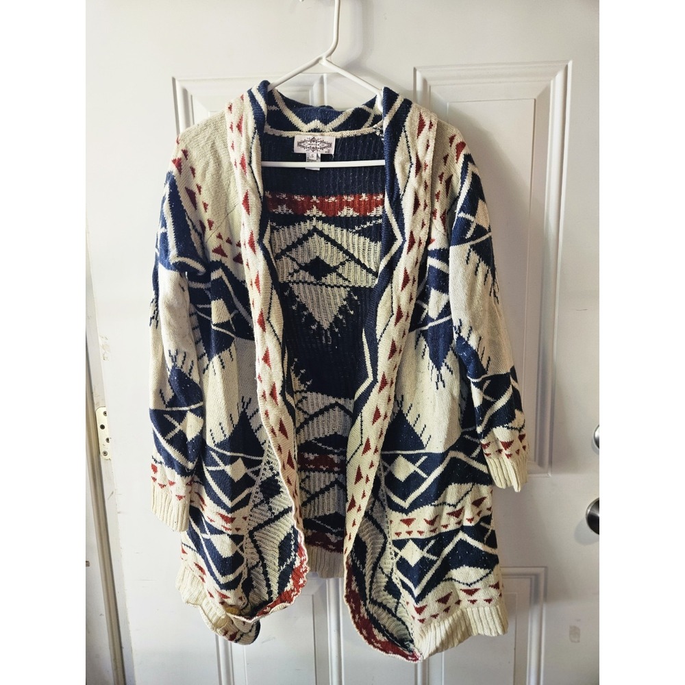 Oliver O Long Cardigan Wrap Sarong Women Small Blue Red Aztec‎ Southwest